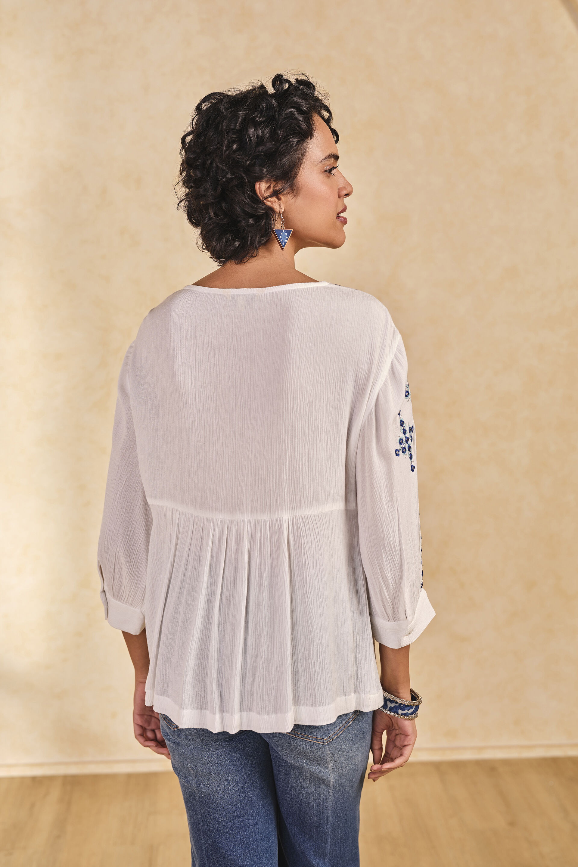 Embroidered White Top with Puff Sleeves, White, image 6